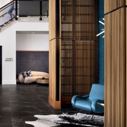 spacious lounge room with wooden accents
